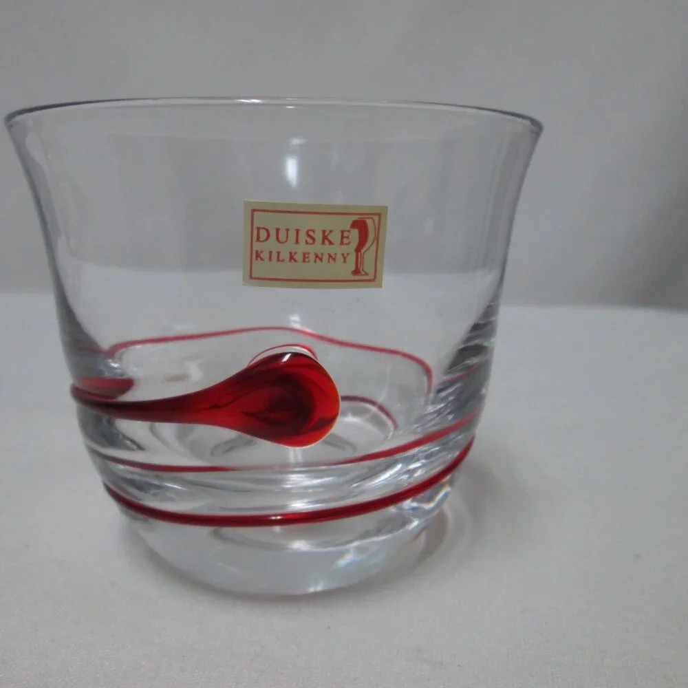 Duiske Kilkenny Irish hand cut glass red swirl votive candle holders Set 2 NEW